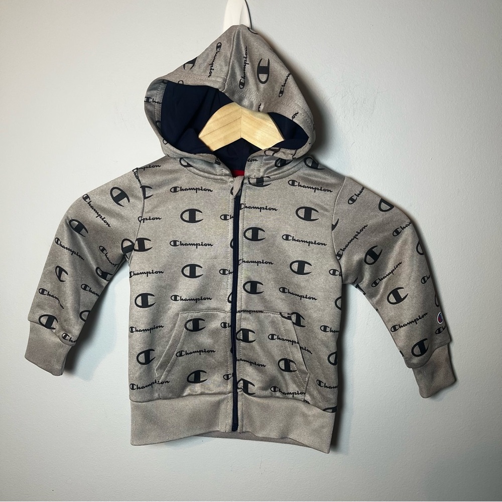 Champion Boys Logo Full Zip Hoodie Toddler 2T Gray All Over Printed Logo Script